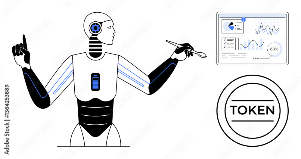 Poster futuristic robot interacting with analytics screen and holding pen near circular token. ideal for te