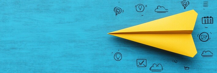 Vibrant Yellow Paper Airplane on Textured Blue Background with Communication Icons