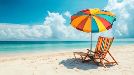 Beach Vacation Colorful Umbrella and Chairs of excellence in splendor beyond compare with grace