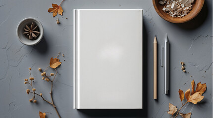 Empty white book cover mockup styled with natural elements for design showcase 
