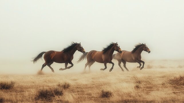 Three beautiful horses gallop through a dusty field in motion