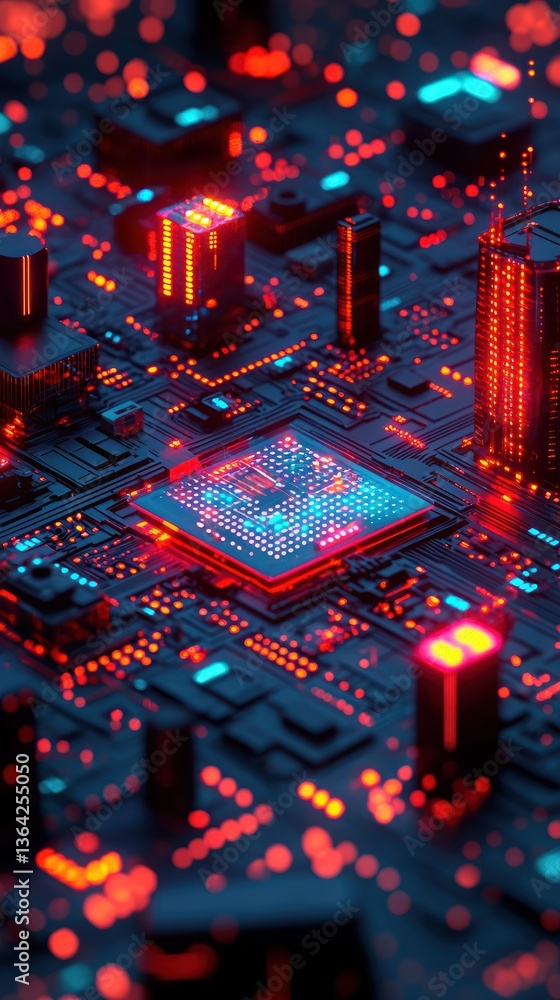 Poster complex circuit board with glowing red and blue components; dense network