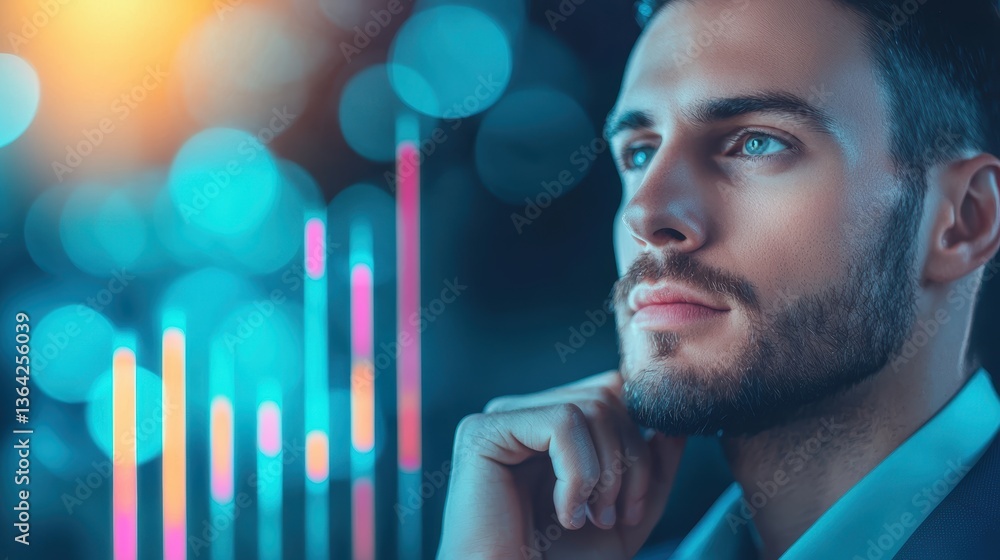 Poster option entrepreneur analyzing different investment options using a financial dashboard.