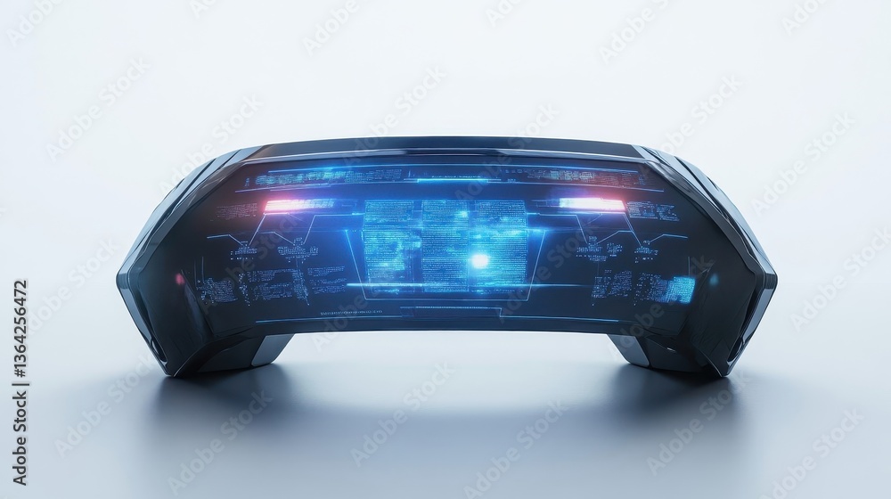 Poster futuristic electronic device displaying data on a transparent screen