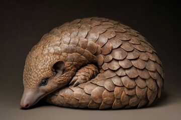 Chinese pangolin curled into a ball, highly detailed overlapping scales, earthy brown tones, isolated.