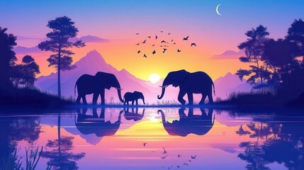 Elephant Family Sunset Silhouette with African Safari, and Wildlife.