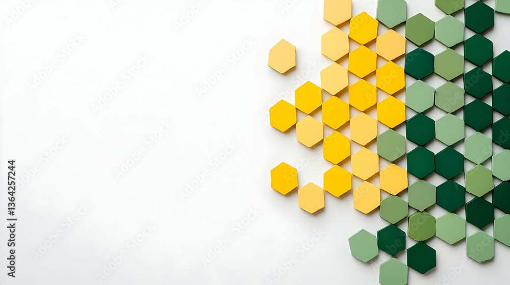 Poster abstract geometric pattern with yellow and green hexagons on white background