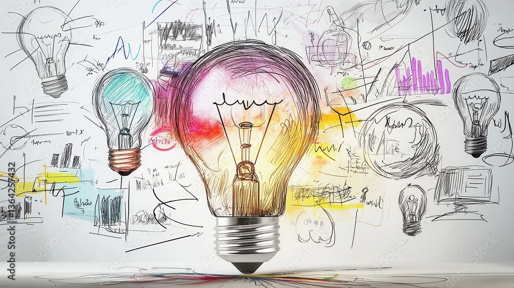 Poster colorful lightbulb sketches and depicting creative conceptual thinking problem solving innovation an