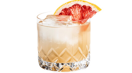 A glass of a drink with a slice of a grapefruit on top