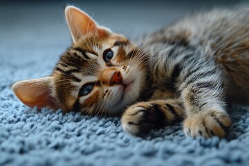 A relaxed tabby kitten with striking blue eyes is lounging contentedly