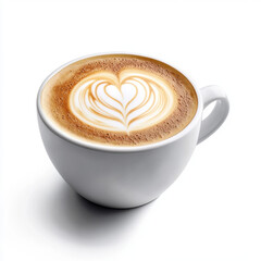 Cappuccino in white cup with heart-shaped latte art on creamy foam, ideal for cozy coffee breaks