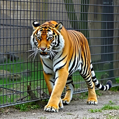Bengal tiger pacing by the fence of a zoo enclosure; bored and distressed tiger in a zoo enclosure in France.