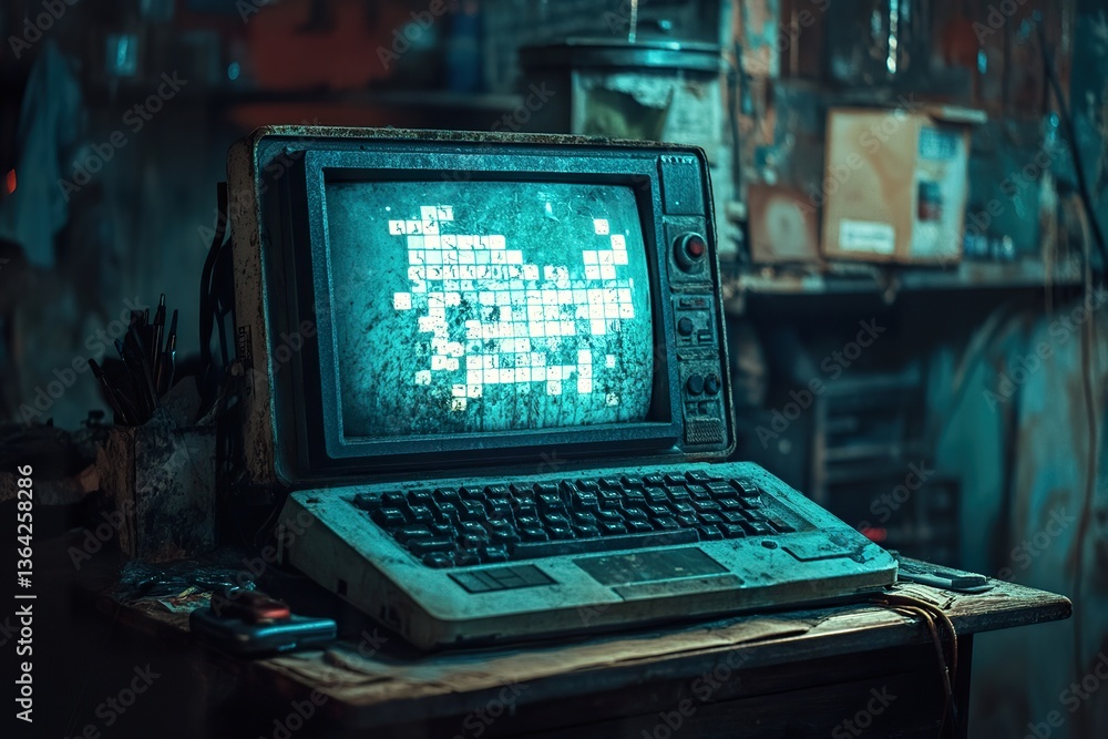 Poster a vintage computer displaying a coded message on the screen
