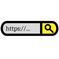 A vector illustration featuring a search bar with the text 'https://...' and a magnifying glass icon, representing web browsing or online search