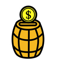 A vector illustration of a bright yellow barrel with a gold dollar coin being inserted into its slot, symbolizing savings or investment.