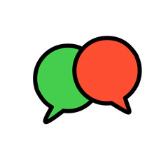 A vector illustration featuring two overlapping speech bubbles, one green and one red, symbolizing conversation or communication