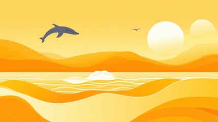 Naklejka premium Dolphin Sunset Ocean Landscape with Minimalist Illustration.