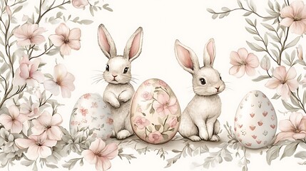 Easter bunnies with floral eggs, and spring.