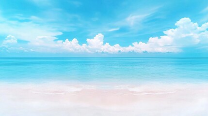 Breathtaking panoramic view of a tranquil tropical beach with crystal clear azure waters and a cloudless blue sky  Idyllic seaside landscape perfect for and escapism