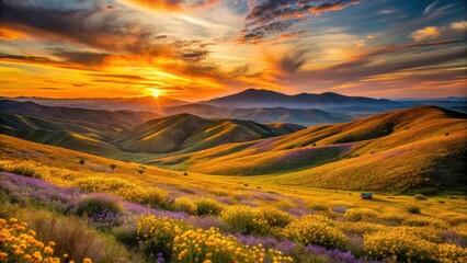 Golden Hour's Embrace Rolling Hills Adorned with Vibrant Wildflowers and a Solitary Vehicle at Sunset
