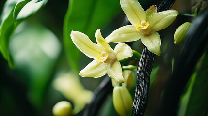 freshly harvested vanilla flowers blooming with blurred background
