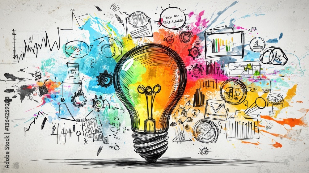 Poster vibrant and colorful depicting a light bulb as a symbol of creativity innovation and idea the image 