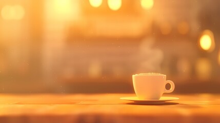 Coffee Shop Ambiance, Warm Coffee Cup on Wooden Table, Steaming coffee cup in cozy cafe setting