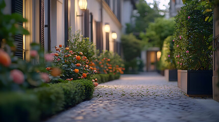 Obraz premium Charming Pathway Lined With Orange Blooming Flowers Green Hedges And Evening Lights Illuminating European Architecture