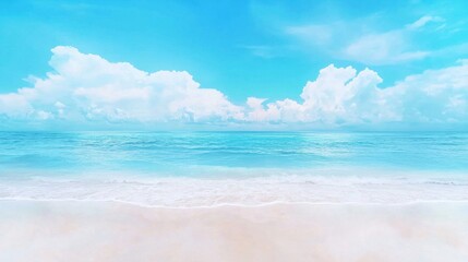 Obraz premium Breathtaking tropical beach landscape with crystal clear turquoise waters soft white sand and a serene cloudscape under a bright blue sky Peaceful and calming seaside scene perfect for vacation