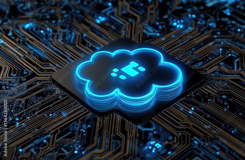 Poster glowing cloud computing symbol on circuit board