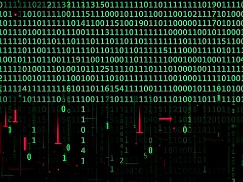 Binary Code Data Stream with Red Financial Charts, Digital Information Technology, Cyber Security, Internet Concept.