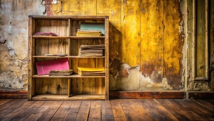 A rustic wooden shelving unit filled with aged documents rests against a distressed, yellow-hued wall in a room with worn wooden flooring.