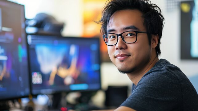 confident Asian game designer working on a browser-based game development tool