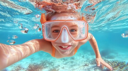 Naklejka premium Joyful young girl snorkeling underwater in a vibrant tropical ocean with a colorful coral reef in the background She is wearing a swimsuit and snorkeling goggles