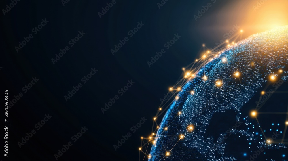 Poster visualization digital representation of global business connections with networked data points.