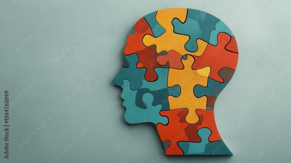 Poster brain puzzle concept with colorful pieces symbolizing cognitive abilities mental processes and probl