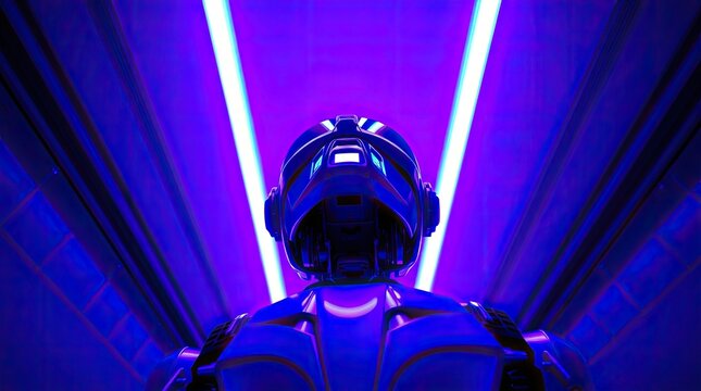 Shiny futuristic robot stands in a vibrant neon lit corridor