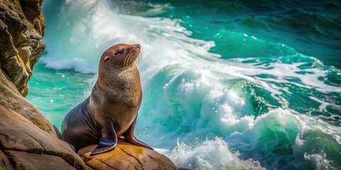 A lone sea lion rests on a rocky outcrop, gazing out at a vibrant ocean scene with powerful waves crashing nearby.