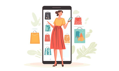 Online shopping, digital selling, ecommerce process, and customer experience through modern illustrated scenes on white background.