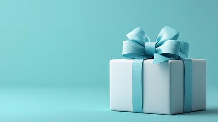 A pristine white gift box adorned with a delicate light blue ribbon, promising joy and anticipation against a serene aqua background.