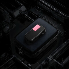 Portable power bank in case, dark background, travel accessories