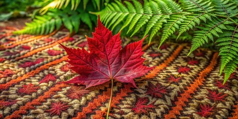 A vibrant crimson maple leaf rests gently on a richly textured autumnal tapestry, adorned with intricate leaf patterns, nestled amongst verdant ferns.