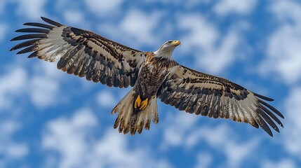 Fototapeta premium Juvenile bald eagle in flight against a cloudy sky.