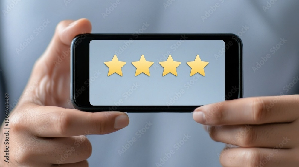 Poster hands holding smartphone displaying four star rating on mobile app or website for customer review an
