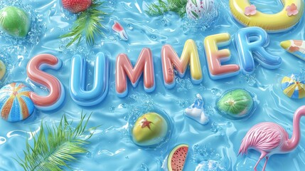 Vibrant and Playful Summer Scene with Tropical Fruits Flamingo Floats and Poolside Accessories Capturing the Essence of Carefree Vacation and Relaxation