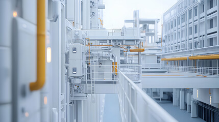 Abstract architectural interior with white walls and yellow pipes showing industrial design