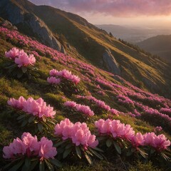 A hillside covered with pink rhododendron flowers, glowing under a soft morning light.