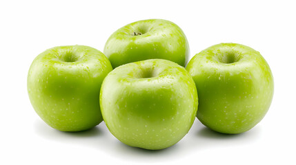 Four Vibrant Green Apples Displayed on a White Background Showing Freshness and Detail