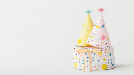 Colorful party hats with playful polka dots and feathers on a white background, ideal for celebrations