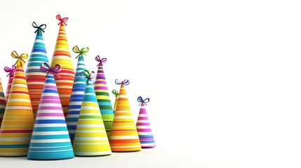 Colorful party hats arranged in a playful manner against a bright white background, ideal for celebrations